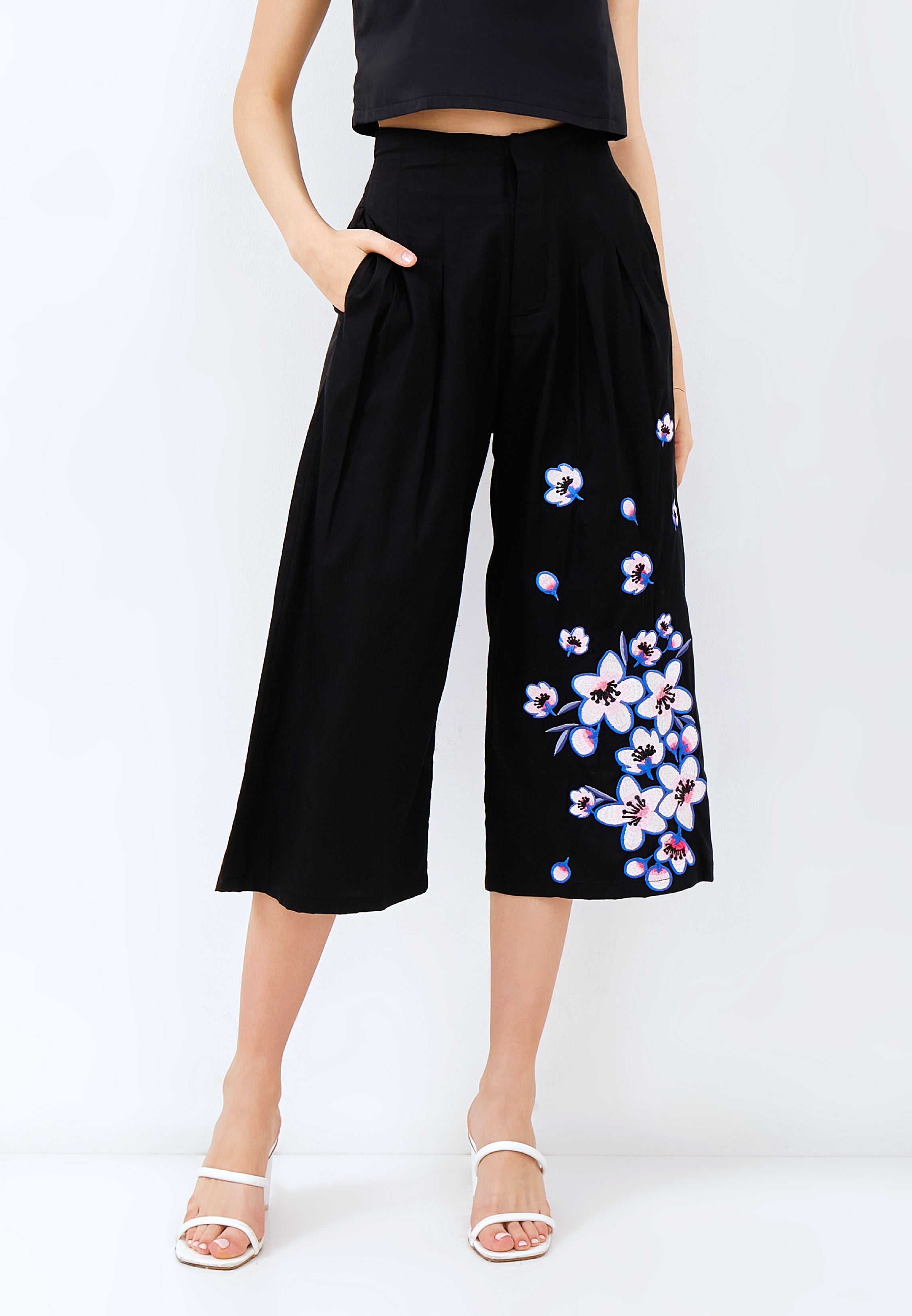 CHERRY BLOSSOM Embroidery Black High Waist Pants
