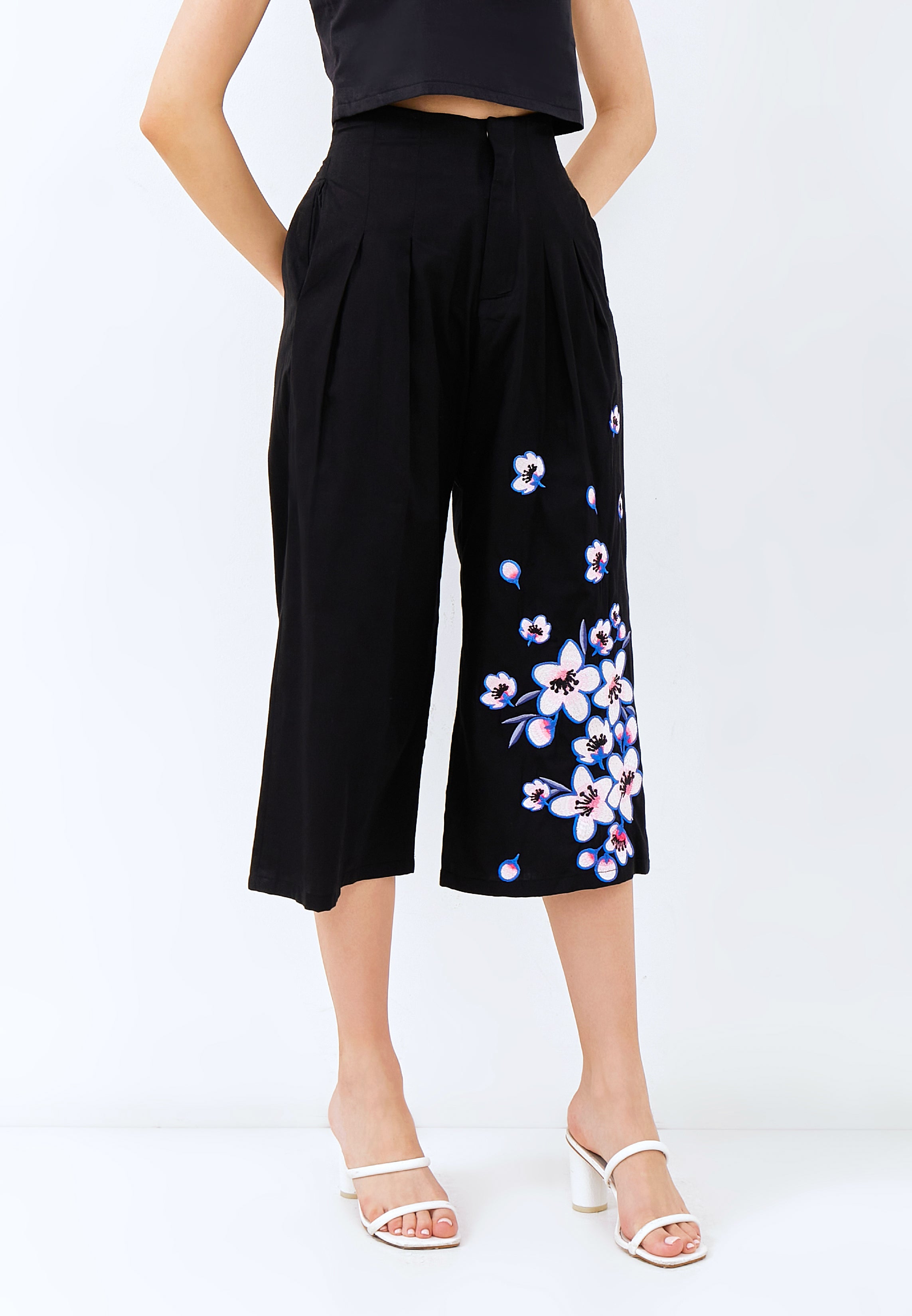 CHERRY BLOSSOM Embroidery Black High Waist Pants