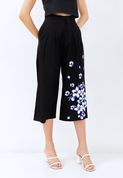 CHERRY BLOSSOM Embroidery Black High Waist Pants