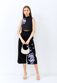 CHERRY BLOSSOM Embroidery Black High Waist Pants
