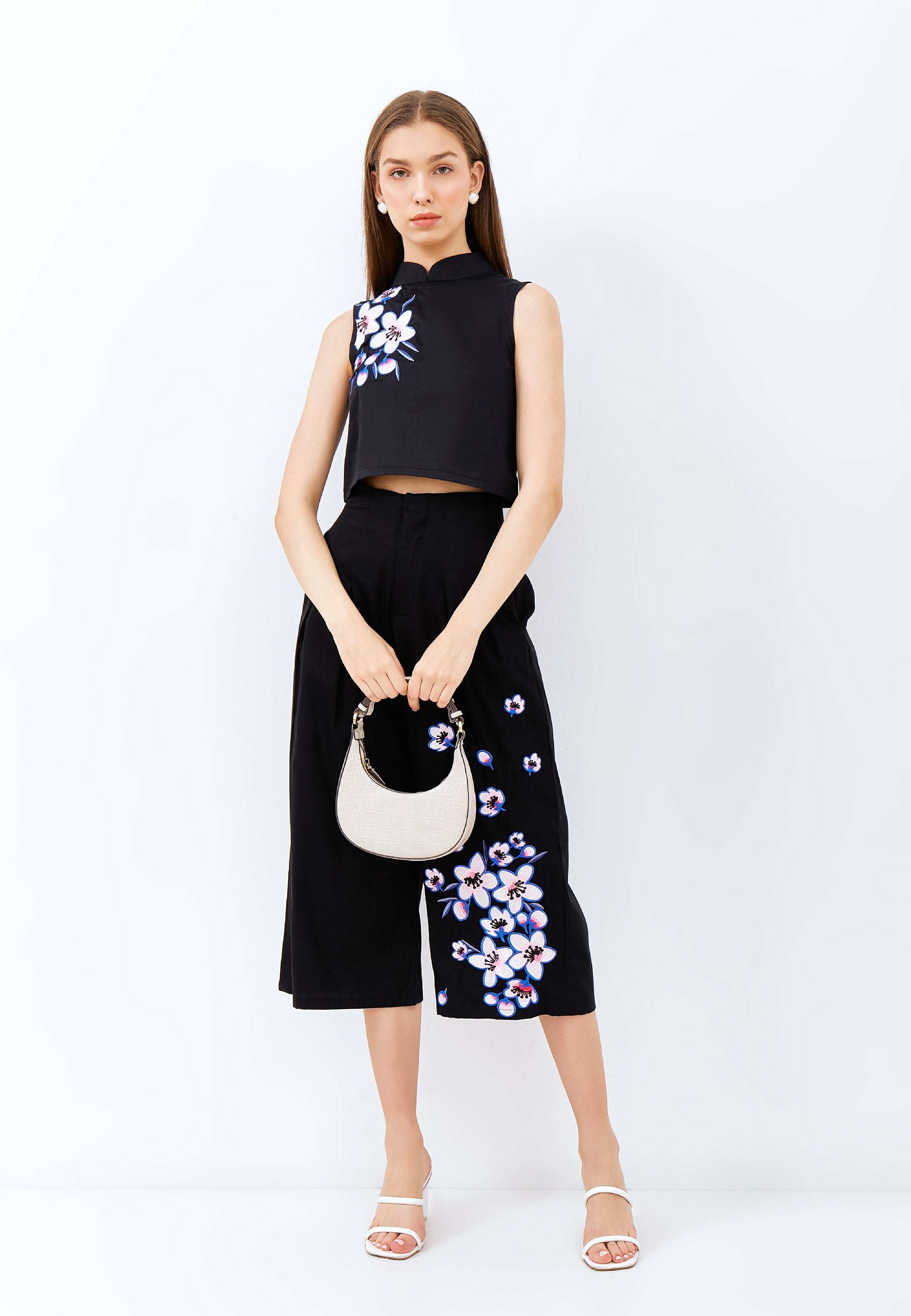 CHERRY BLOSSOM Embroidery Black High Waist Pants