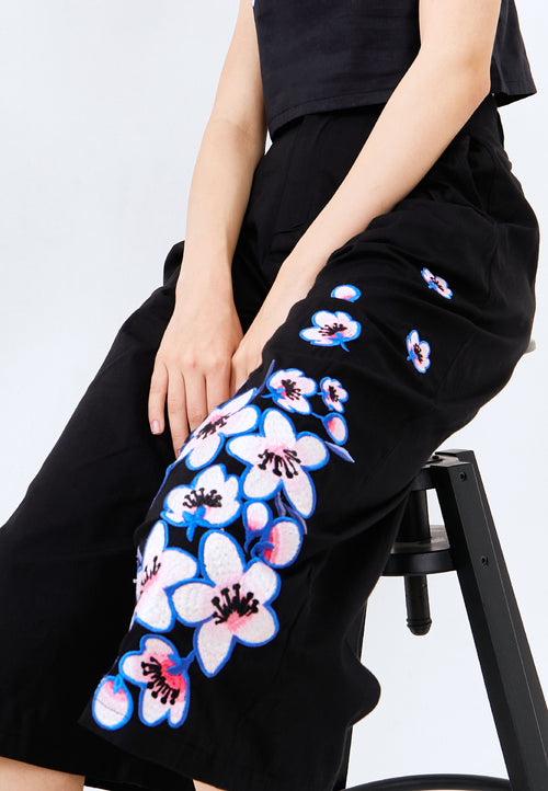 CHERRY BLOSSOM Embroidery Black High Waist Pants