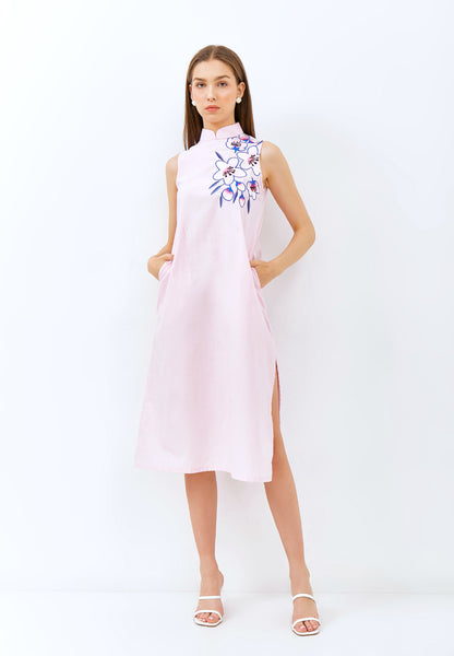 CHERRY BLOSSOM Embroidery Pink Midi Cheongsam Dress