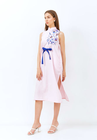 CHERRY BLOSSOM Embroidery Pink Midi Cheongsam Dress