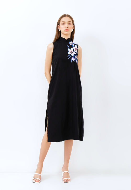 CHERRY BLOSSOM Embroidery Black Midi Cheongsam Dress