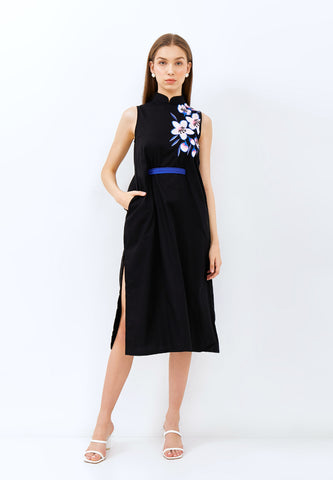 CHERRY BLOSSOM Embroidery Black Midi Cheongsam Dress