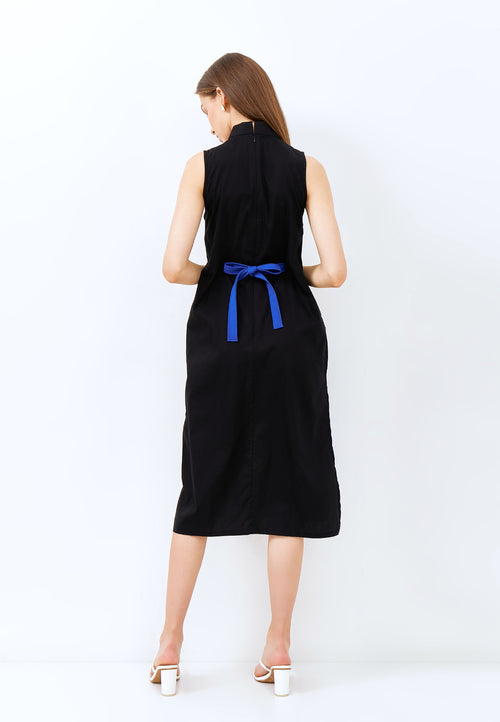 CHERRY BLOSSOM Embroidery Black Midi Cheongsam Dress