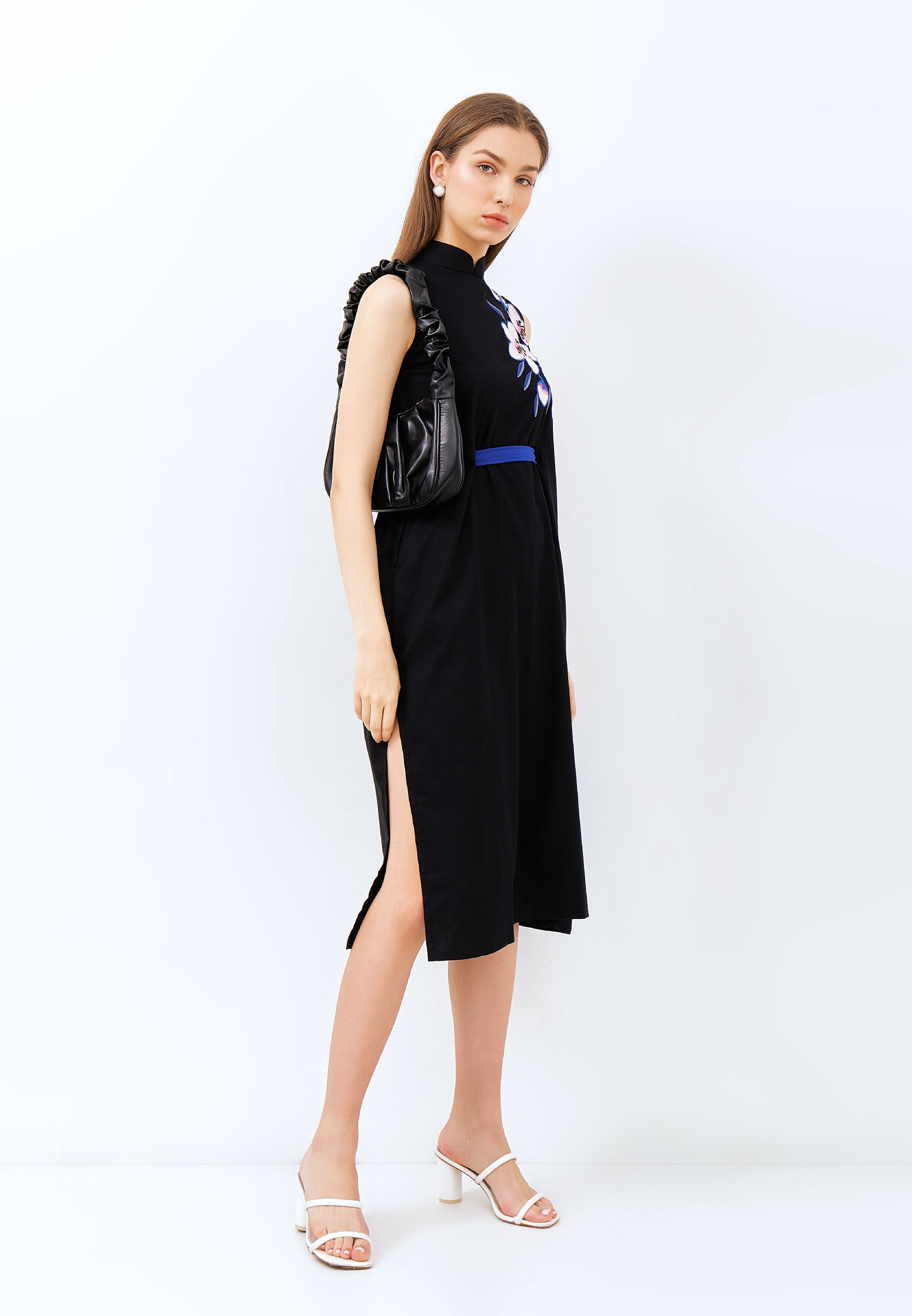 CHERRY BLOSSOM Embroidery Black Midi Cheongsam Dress