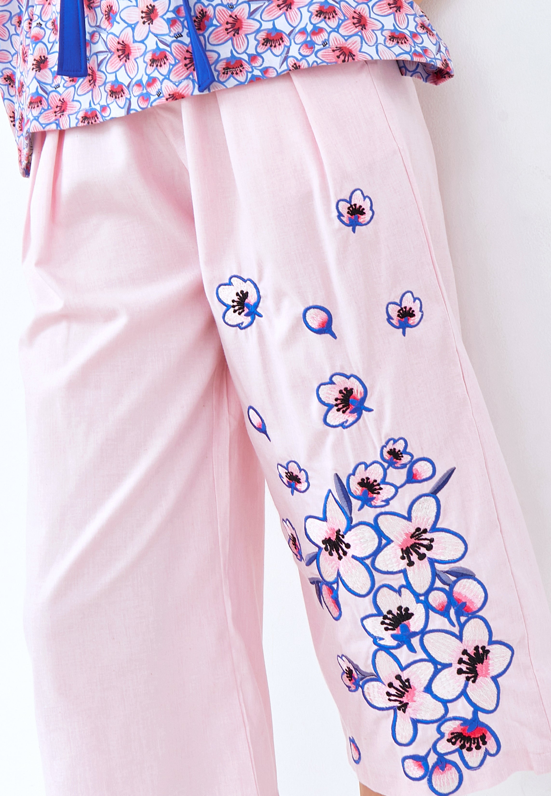CHERRY BLOSSOM Embroidery Pink High Waist Pants