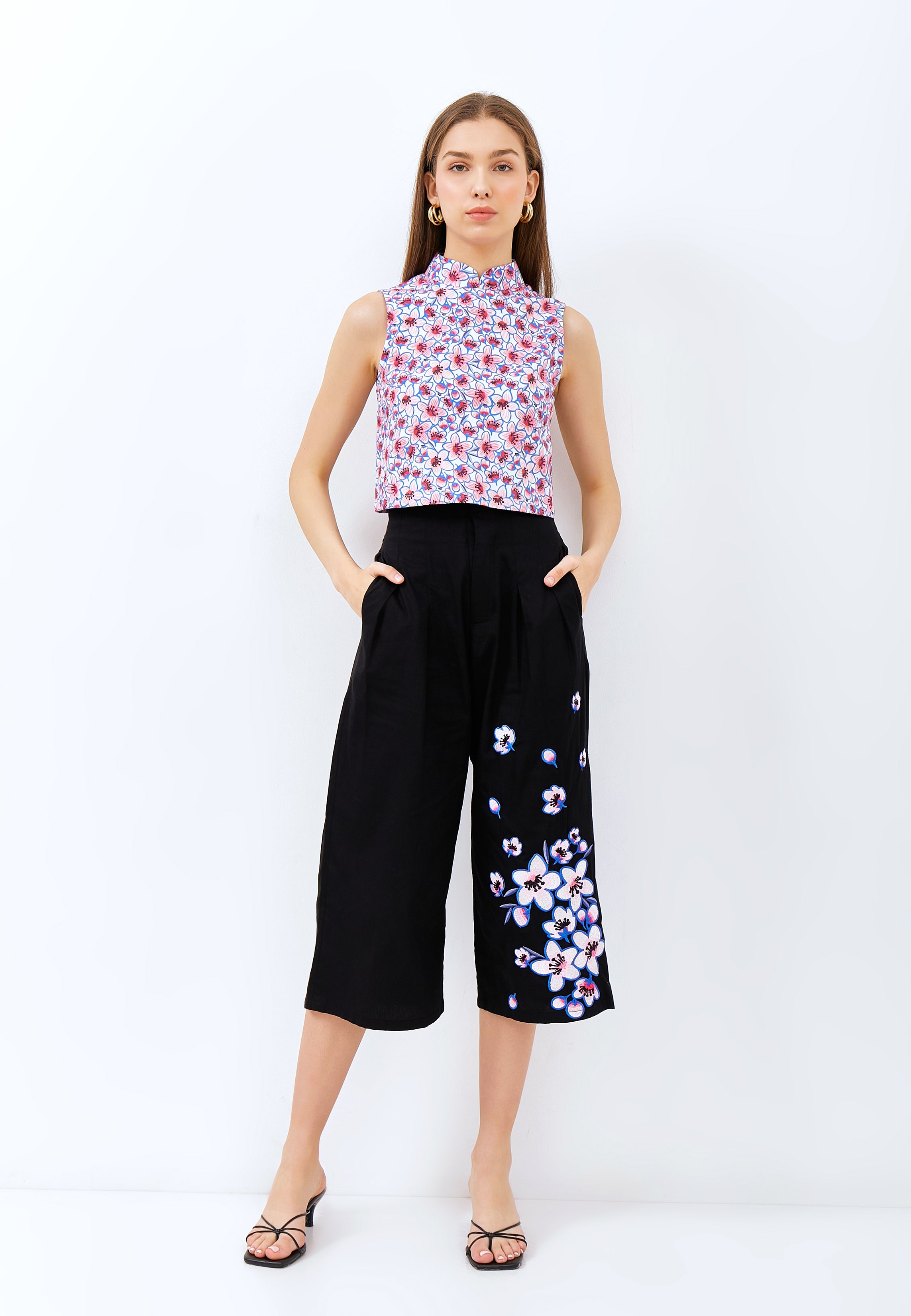 CHERRY BLOSSOM Embroidery Black High Waist Pants